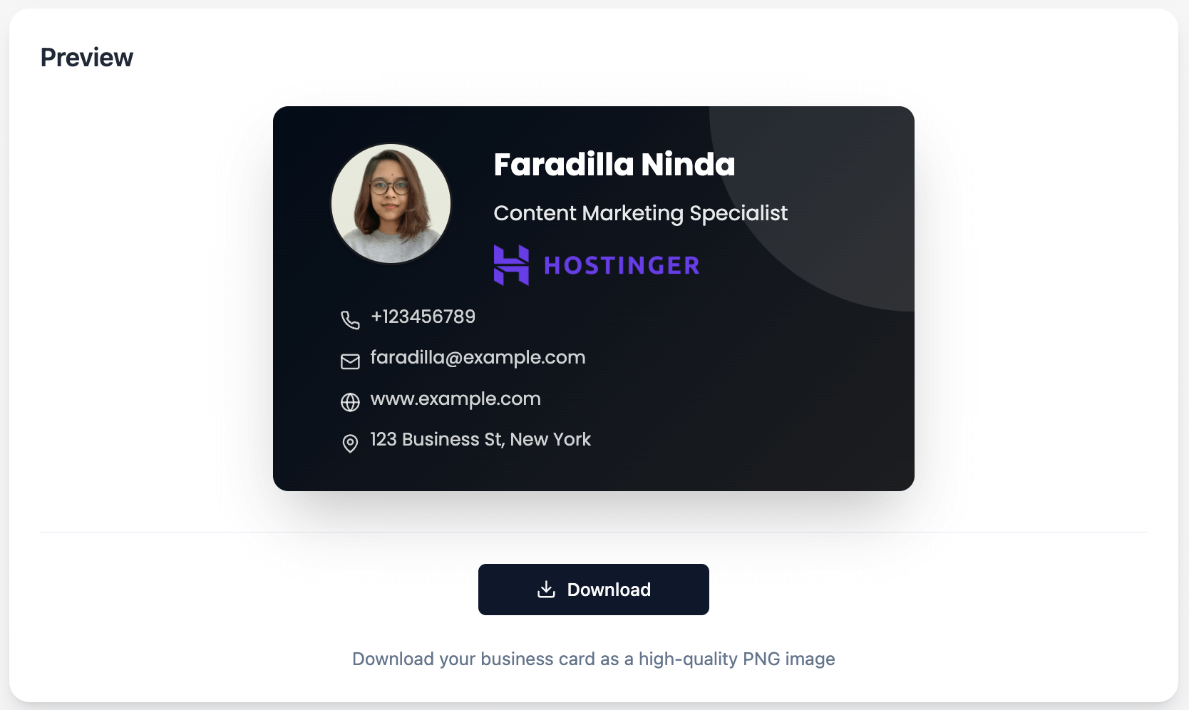 the result of the virtual business card with download button