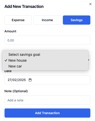 the transaction pop-up to add savings with entries synced from the savings tab
