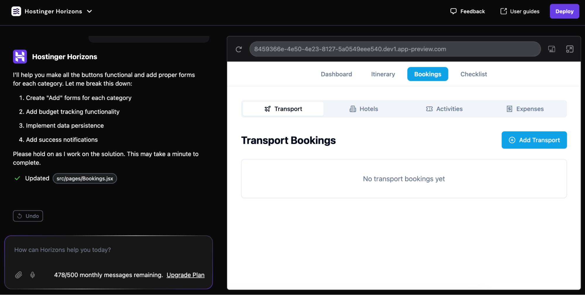 A custom web app's transport booking tab interface