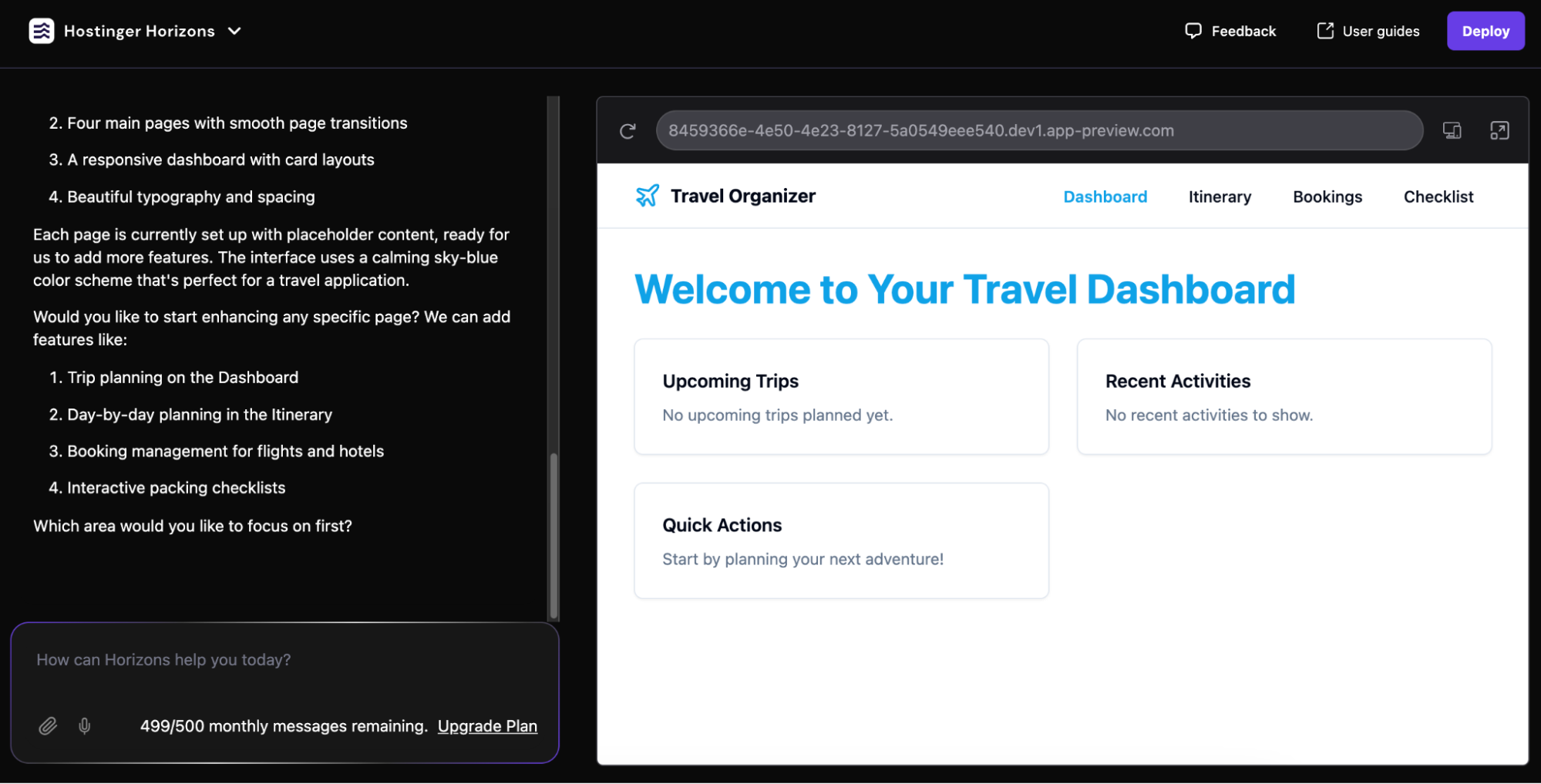 A travel custom web app dashboard first iterated with Hostinger Horizons