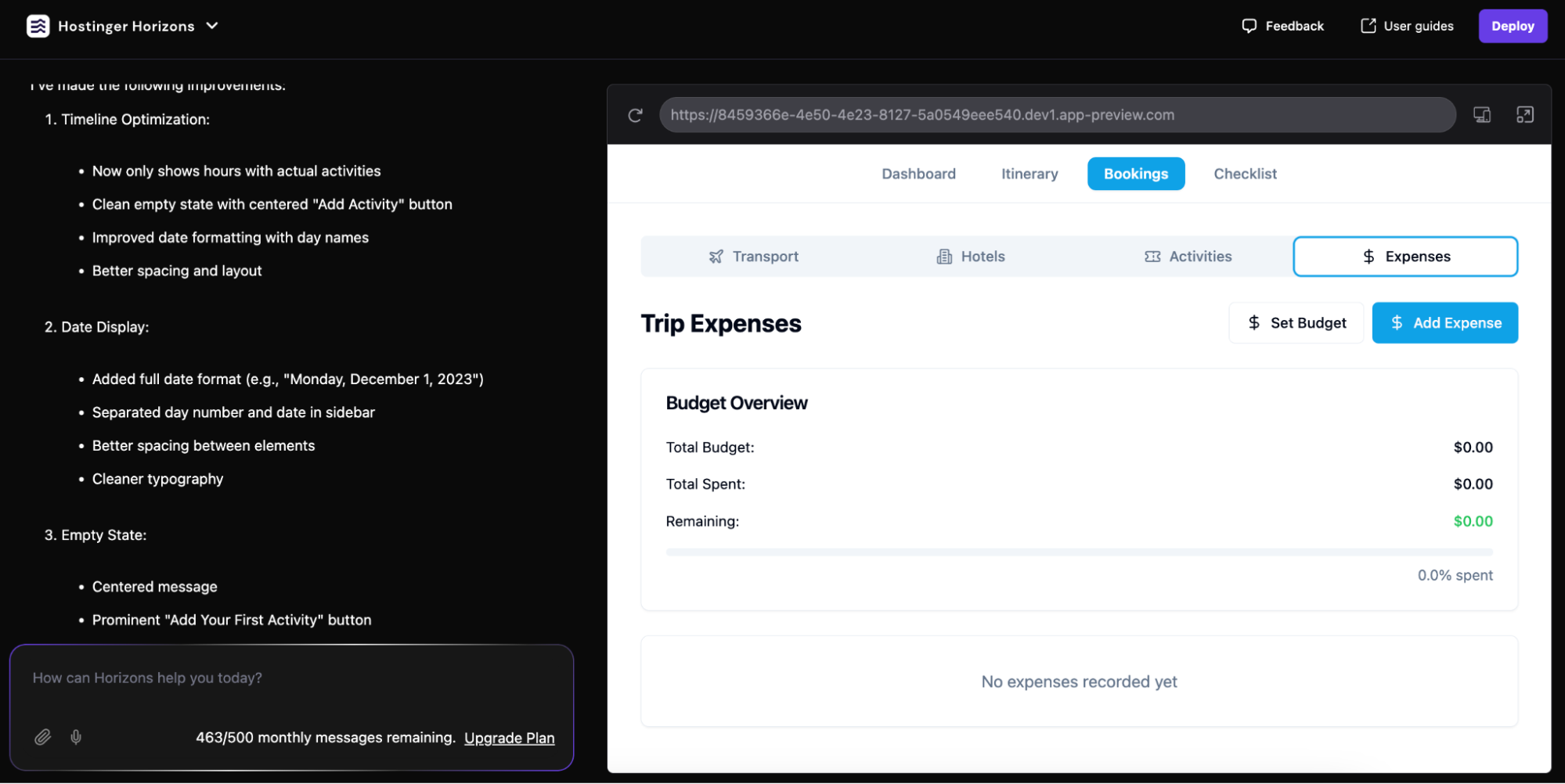 A travel custom web app's Expenses page interface