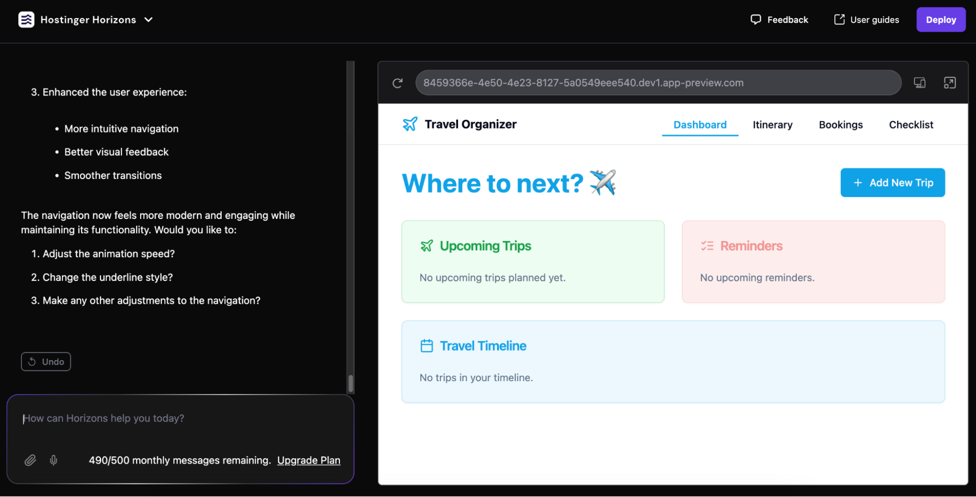 A travel custom web app's second iteration with Hostinger Horizons