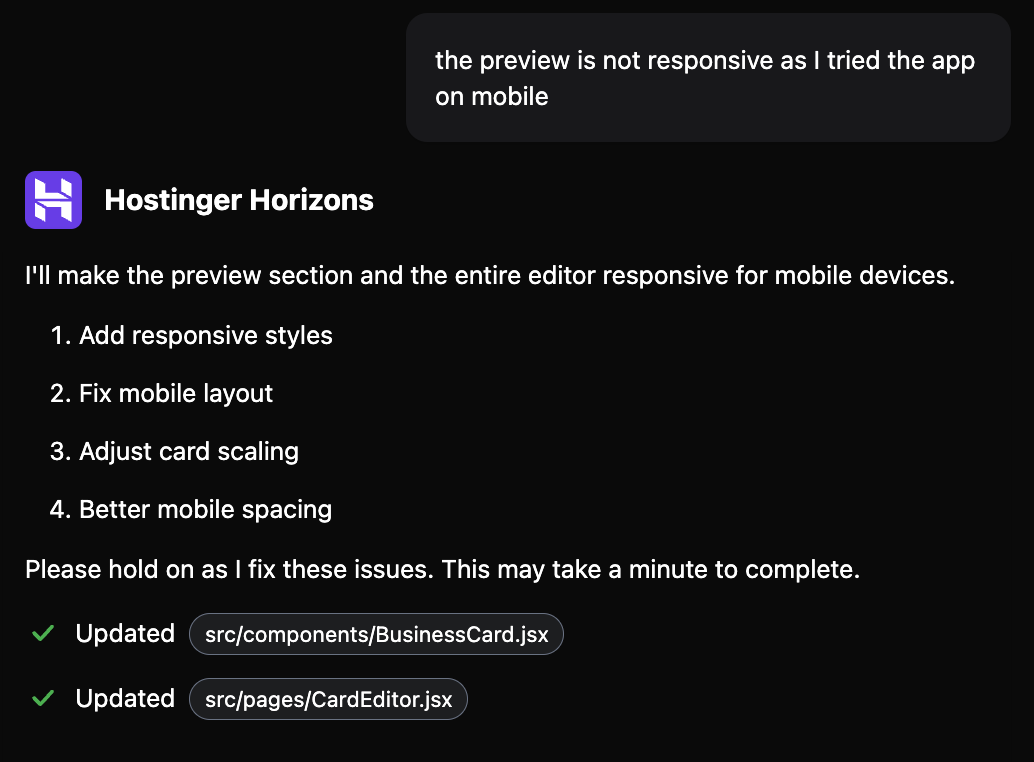 an example of prompt telling Hostinger Horizons about an error to fix