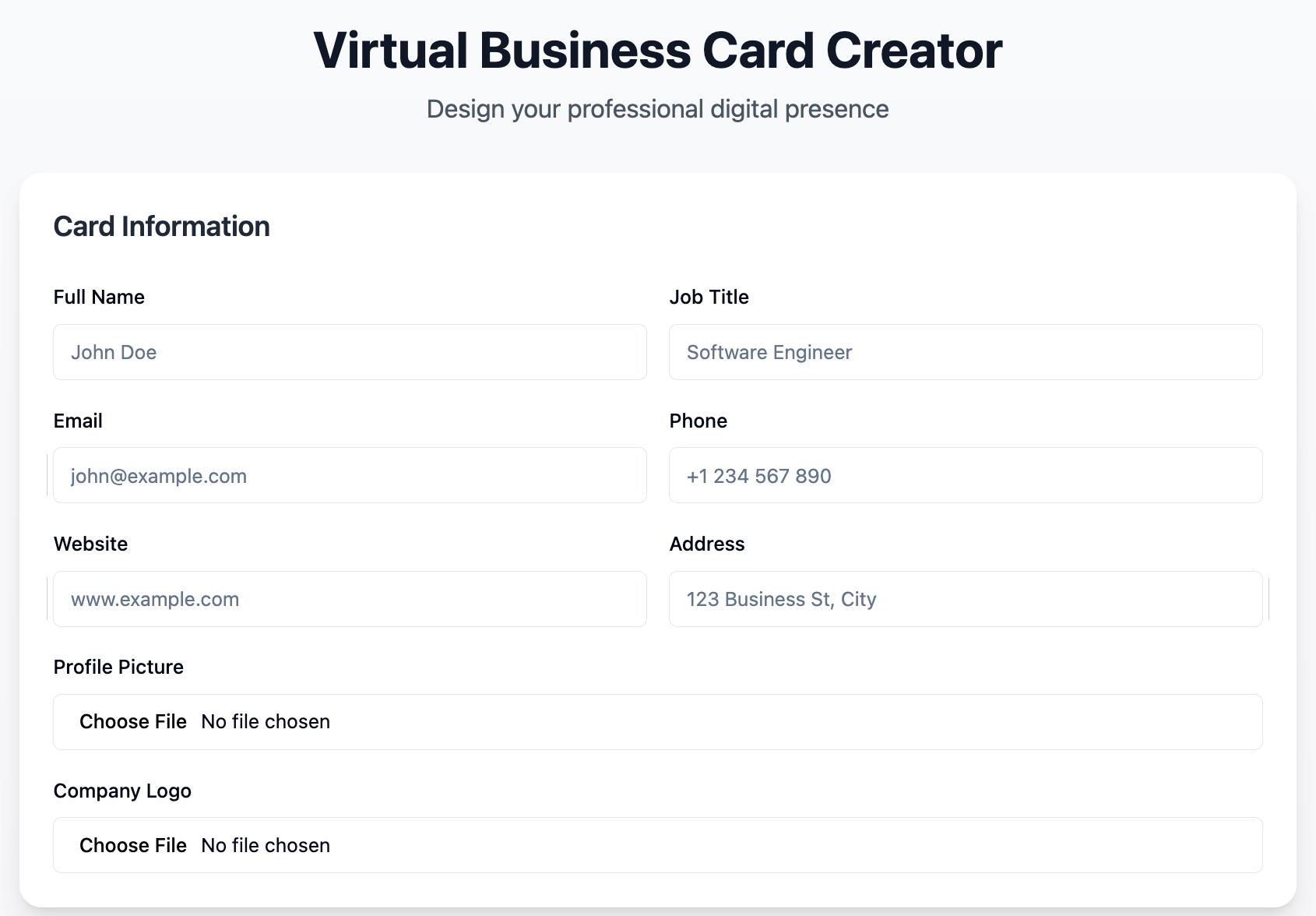 the first result of virtual business card web app with basic fields to enter information