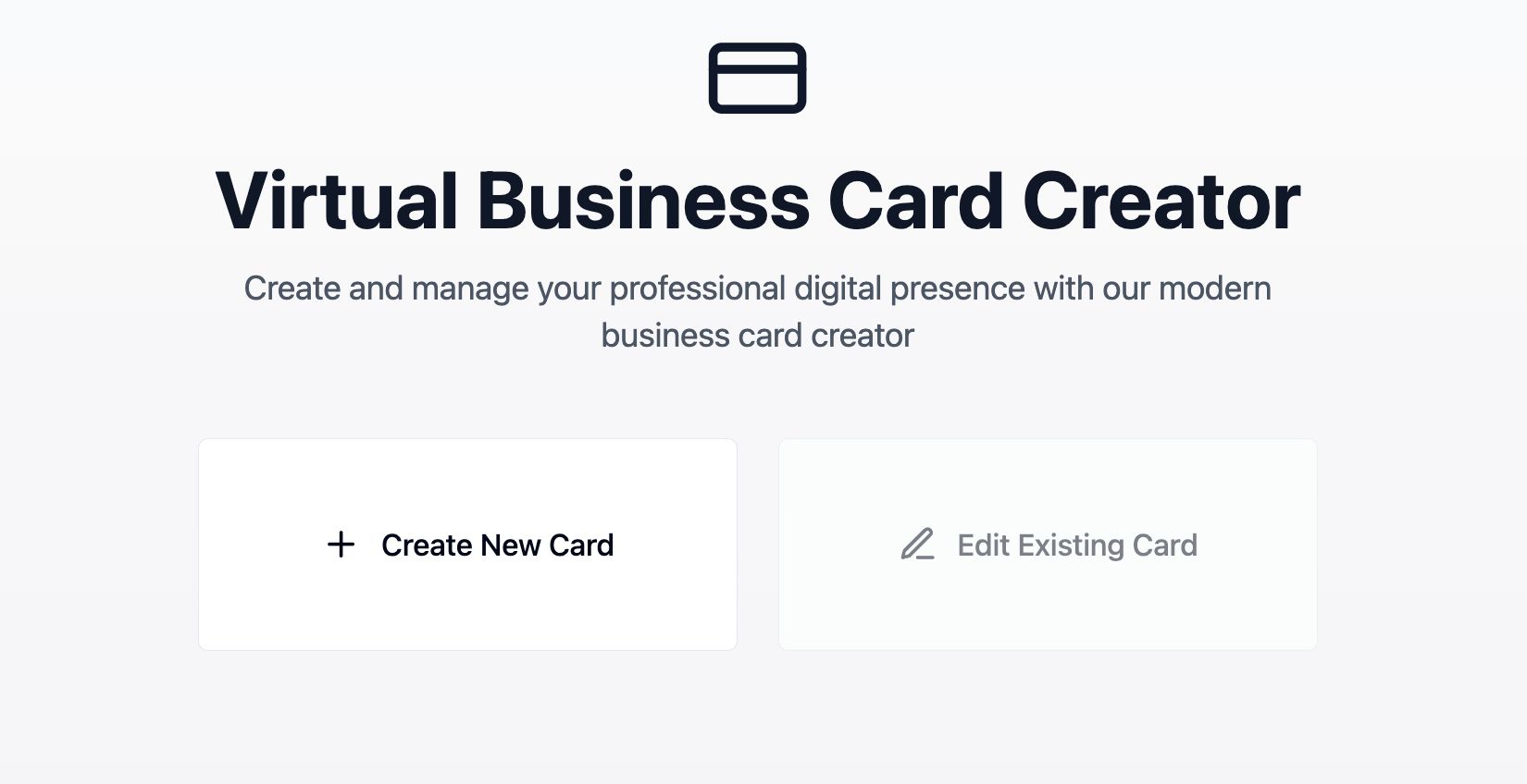 virtual business card web app home page with options to create new card or edit existing card