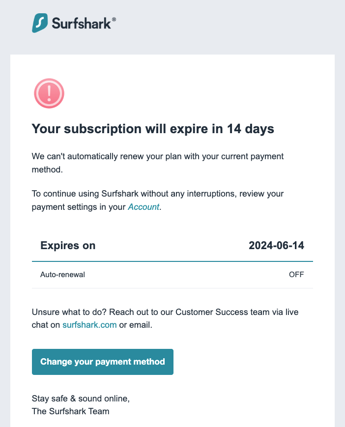 An example of behavior-triggered email by Surfshark