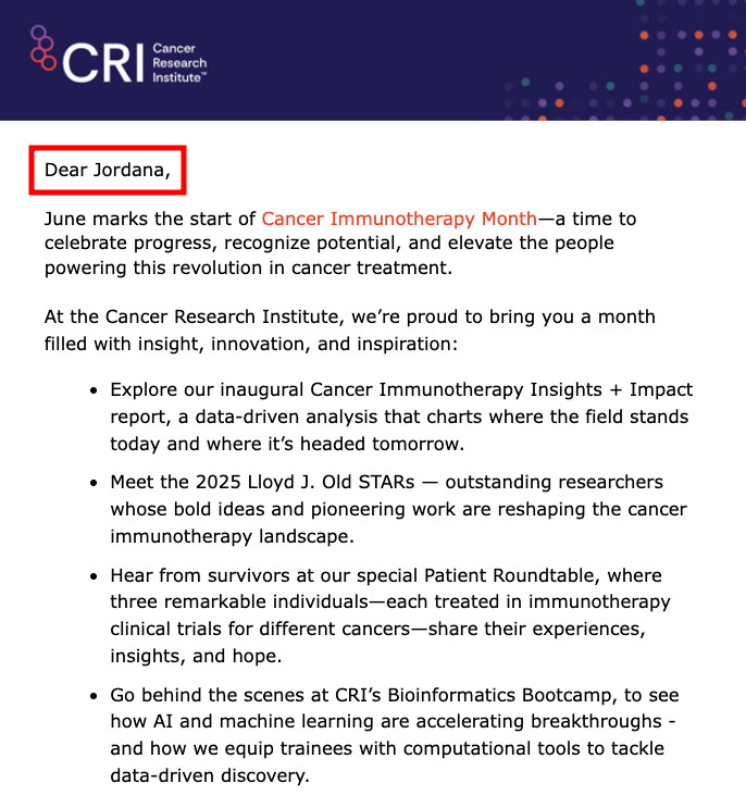An example of dynamic email content by the Cancer Research Institute