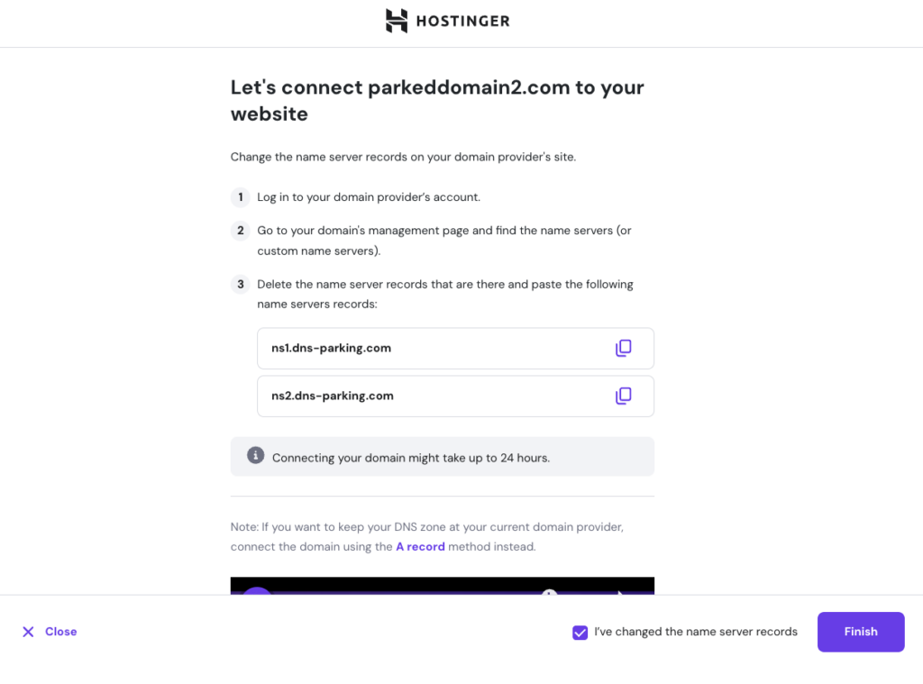 A guide showing the steps to point a domain to Hostinger's nameservers to complete the domain parking process