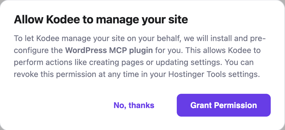 Kodee asks for permission to manage WordPress