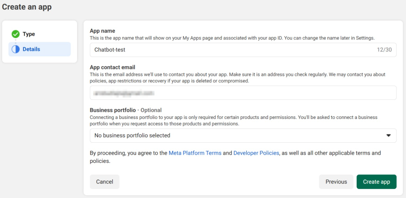 The final screen of the Meta developer portal's app creation page