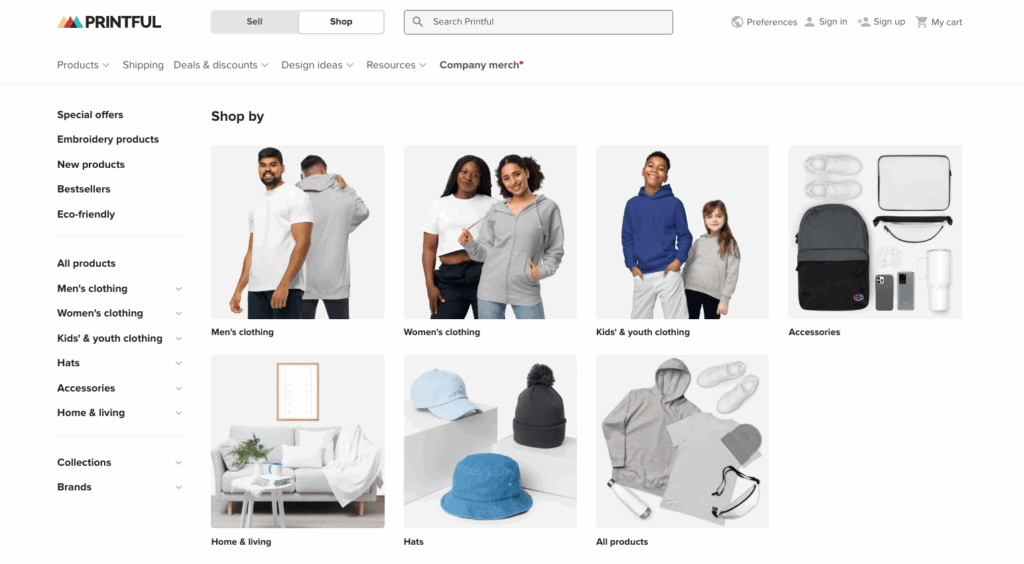 Printful's product catalog showing available product types