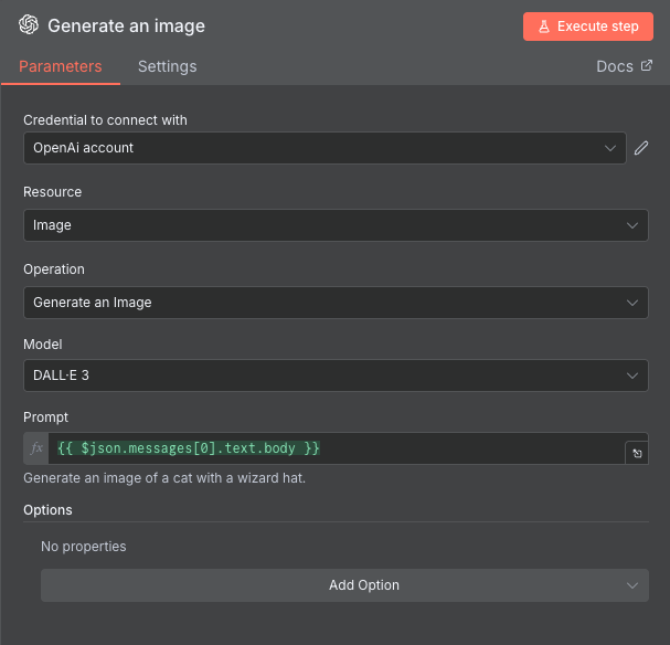 The OpenAI image generator configuration window