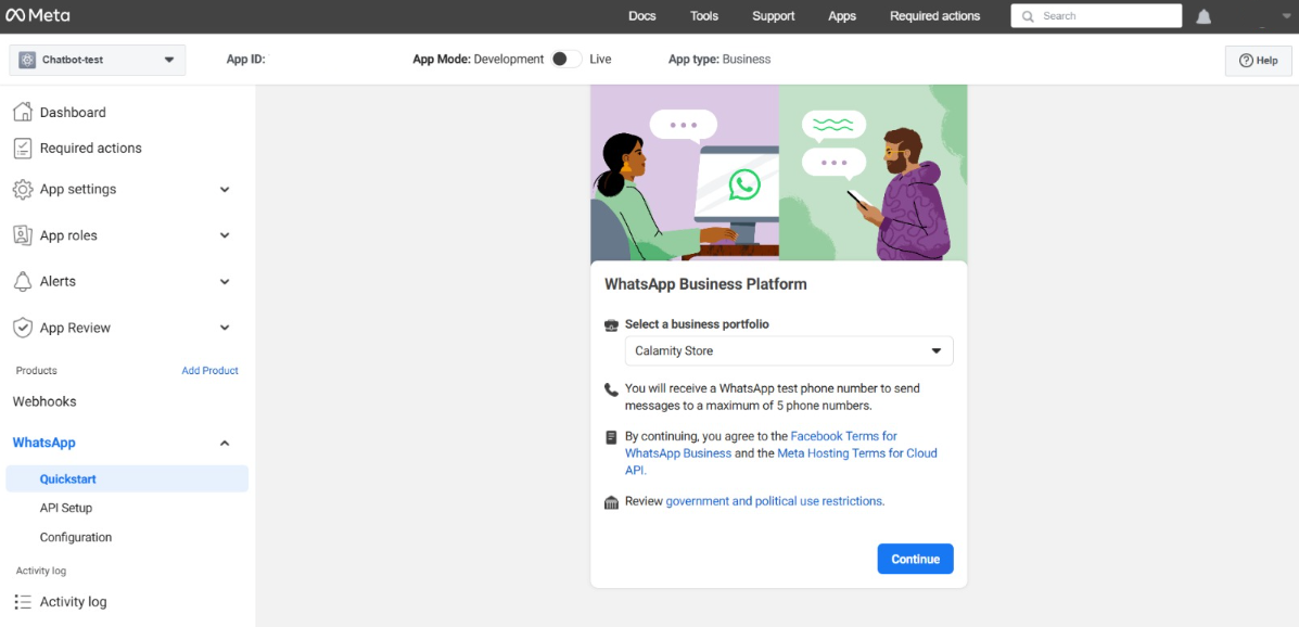 The final screen of the Meta developer portal's app creation page