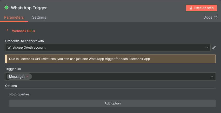 The WhatsApp On Message trigger node's configuration menu
