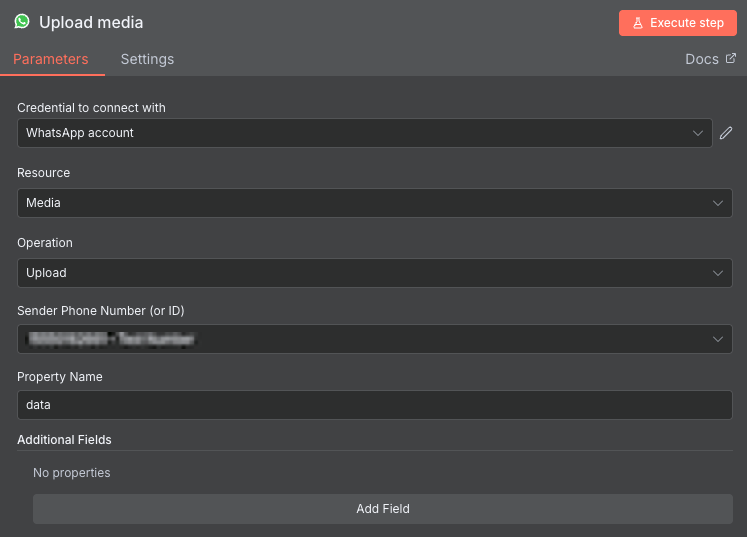 The WhatsApp Upload Media node configuration window