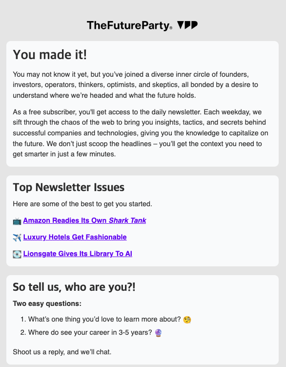 TheFutureParty welcome email
