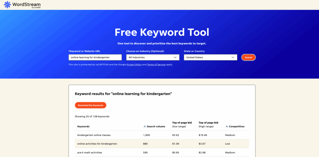 WordStream keyword results