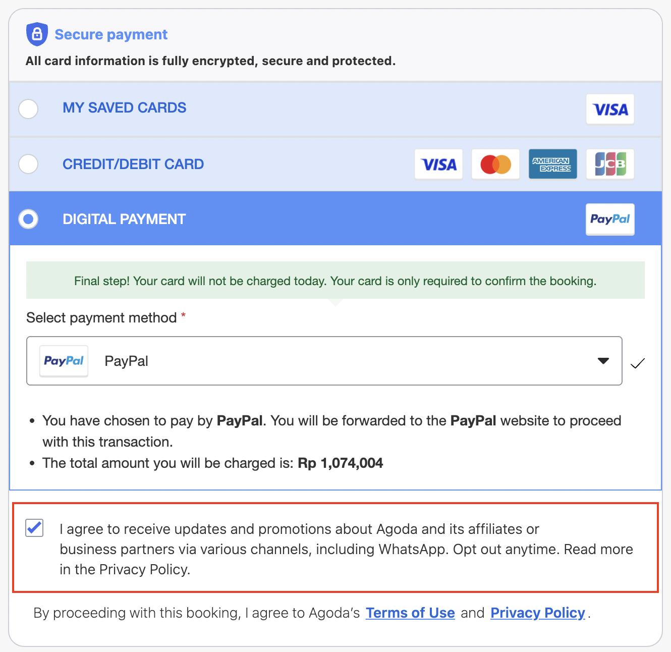 Opt-in check box on Agoda's check out page