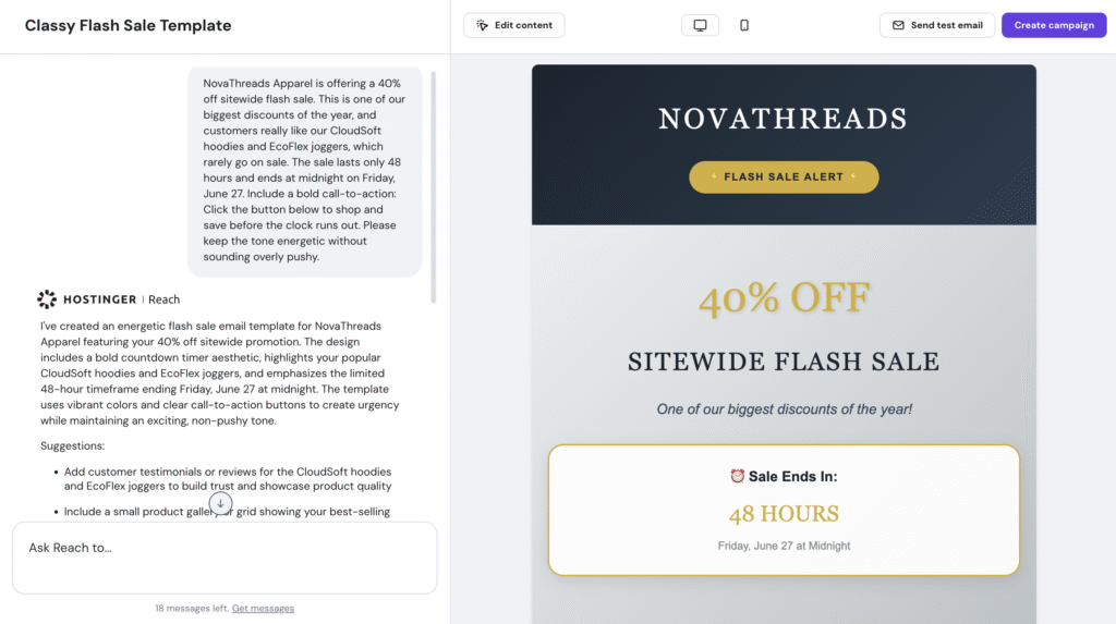 Hostinger Reach's AI-powered newsletter builder interface