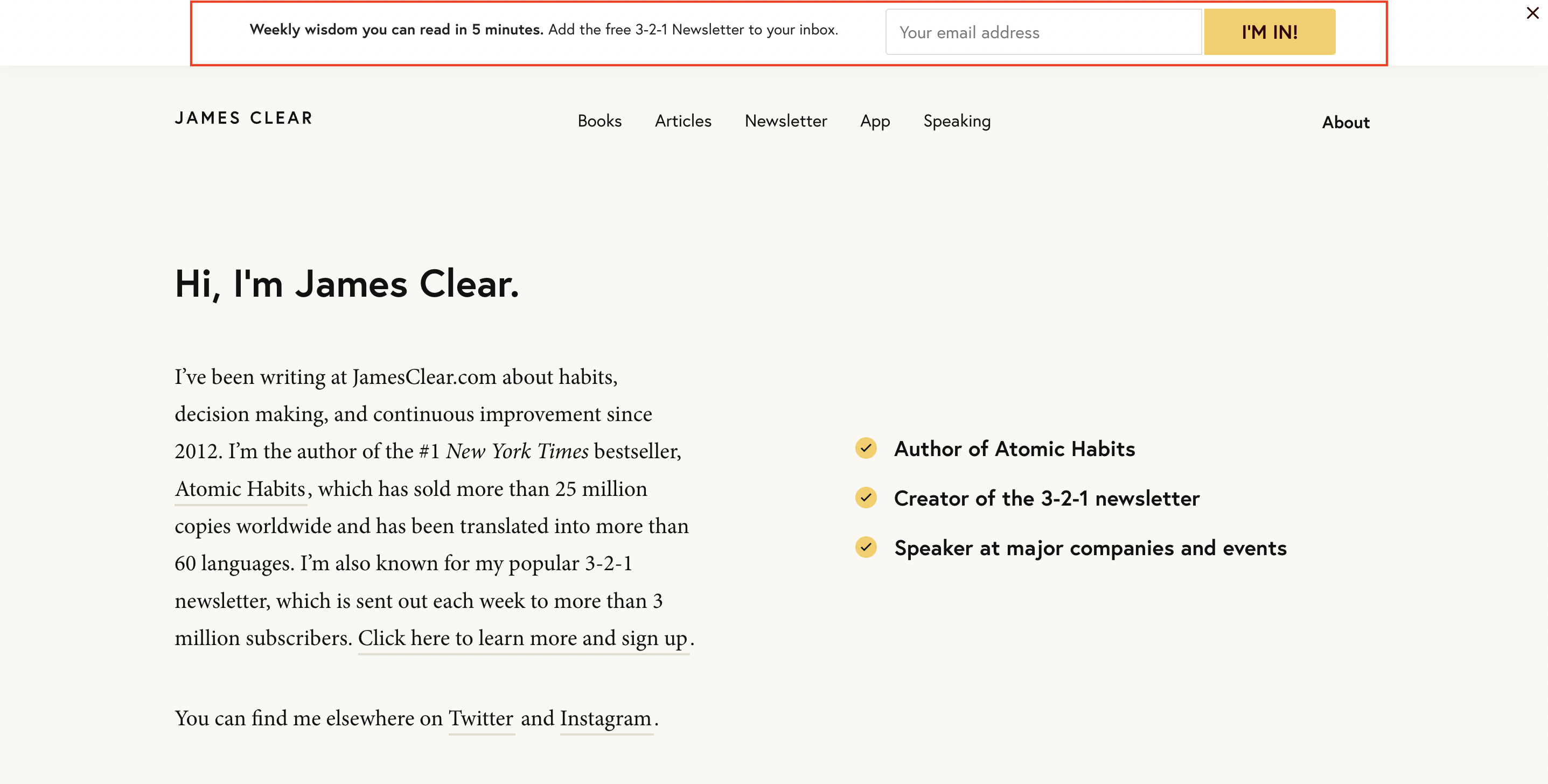 The email newsletter signup form on James Clear's site