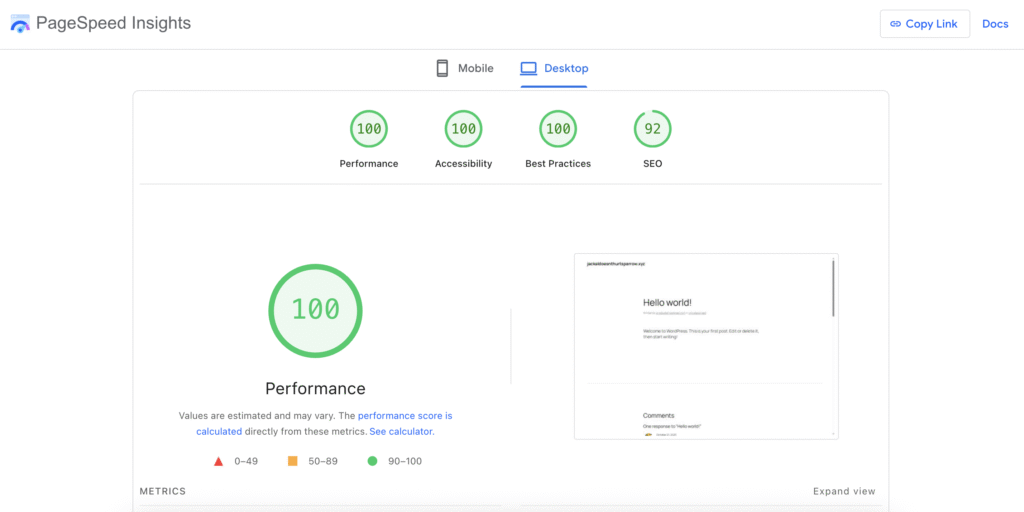 Google PageSpeedInsights' speed test result of a simple page built with WordPress Gutenberg