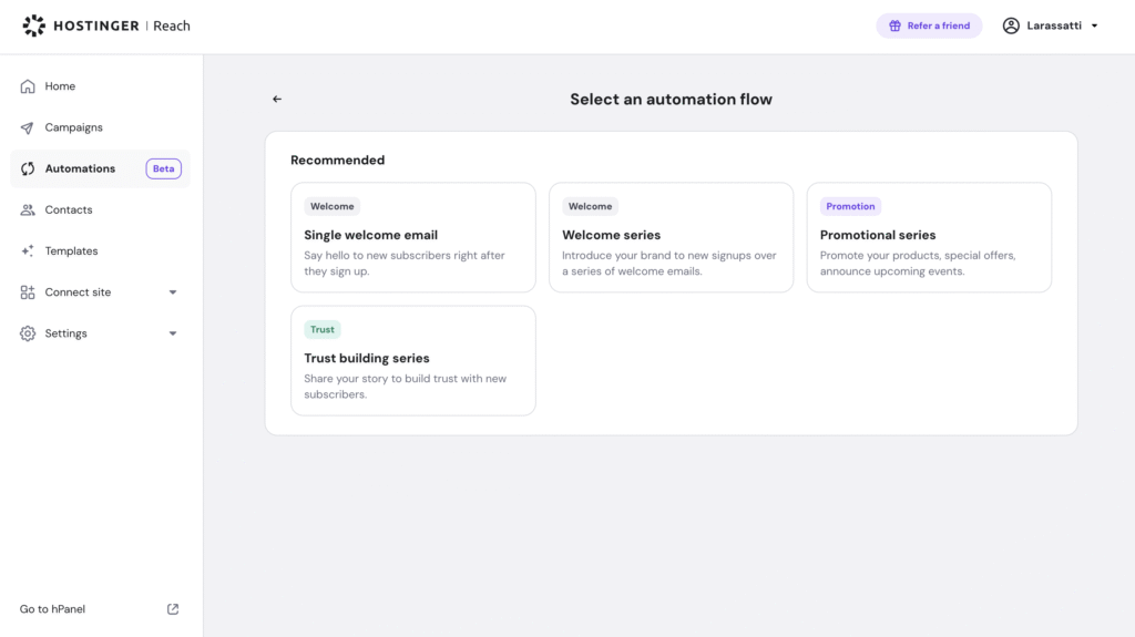 The Hostinger Reach dashboard showing the Automations menu