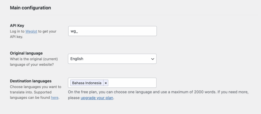 The Weglot initial configuration page on a WordPress dashboard