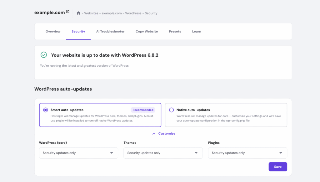 The WordPress auto-updates feature on Hostinger's hPanel