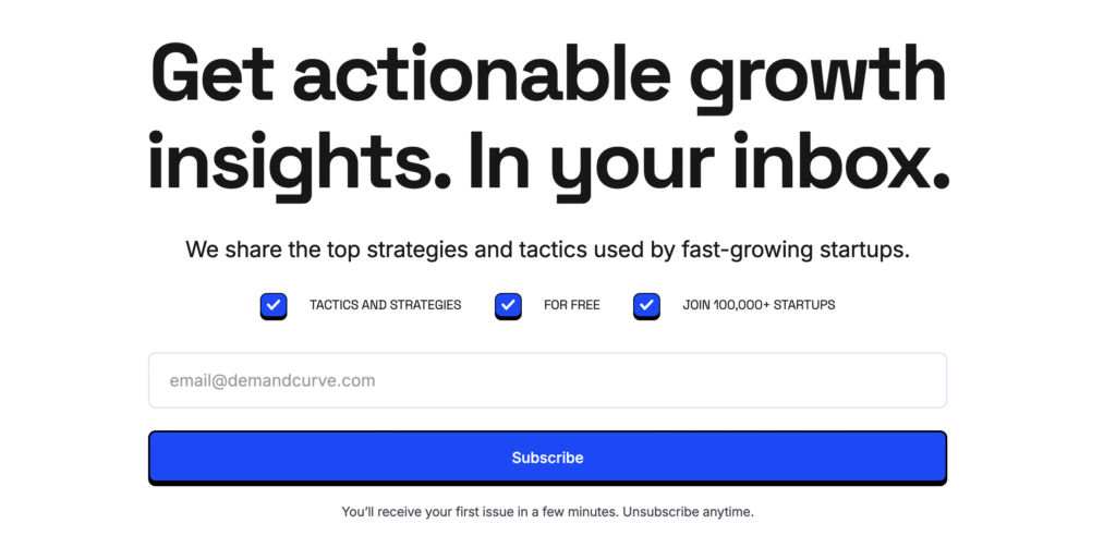 DemandCurve's newsletter signup landing page