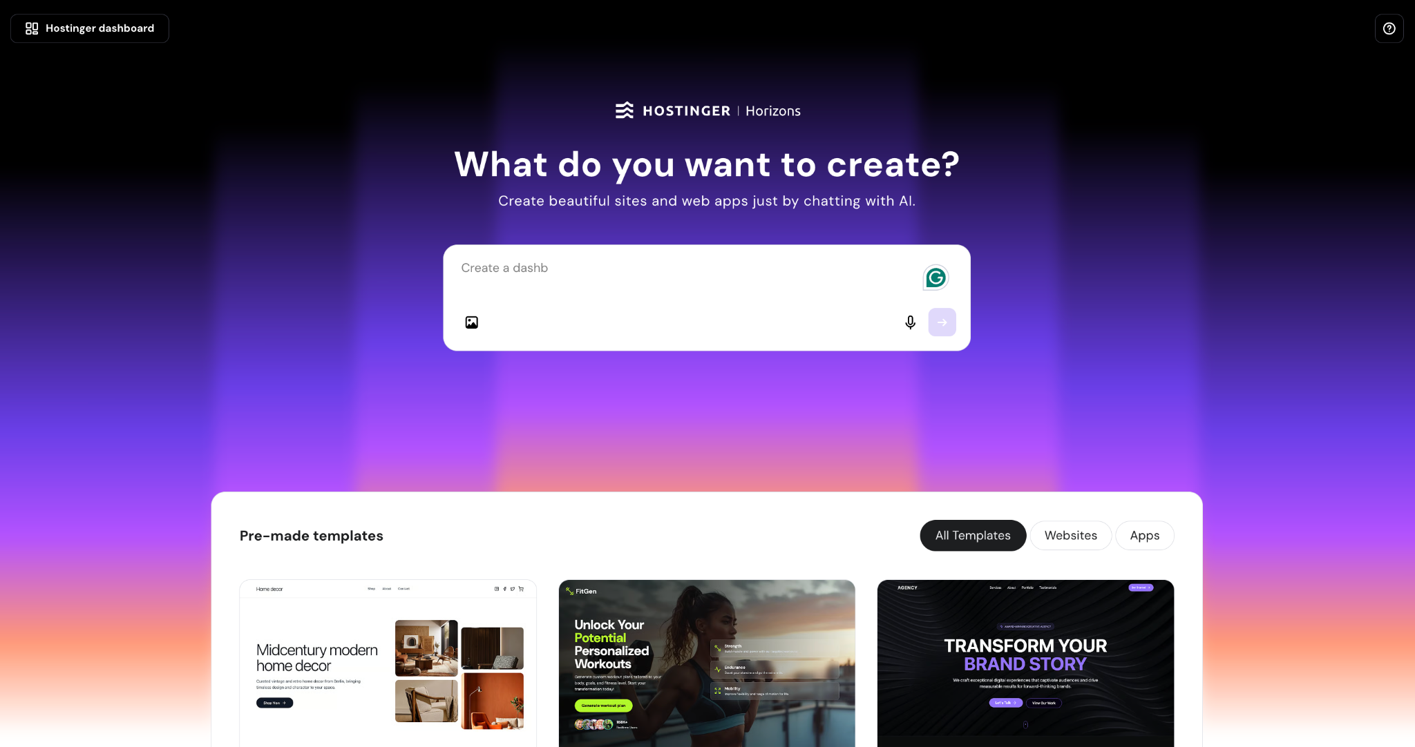 Hostinger Horizons landing page