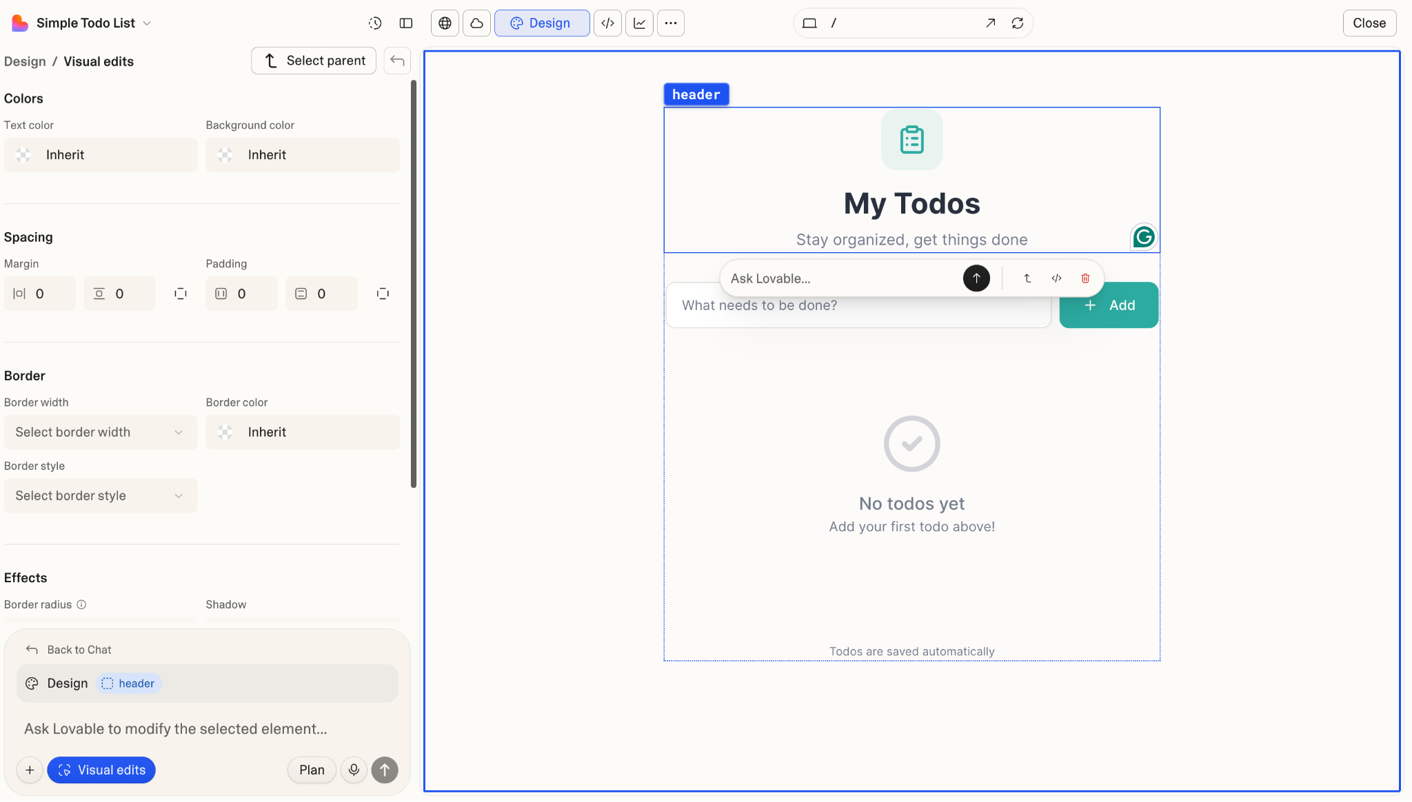 Lovable's Visual Edits interface